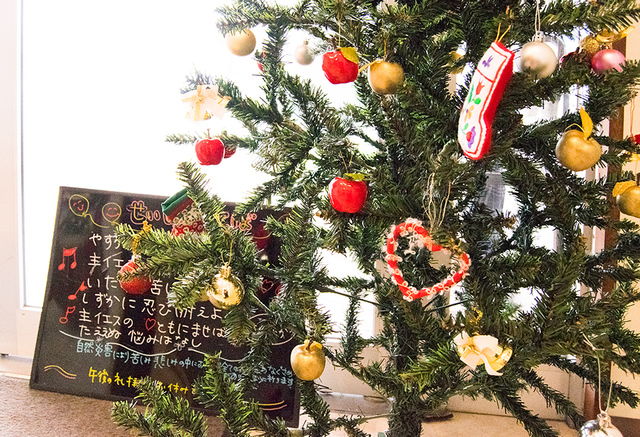 モリーさんの この一枚「12月7日（土）に名古屋教会のチャペルコンサートに行ってきました。写真は玄関前に飾られていたクリスマスツリーです。（先週皆で作った手作りリースはすべてお持ち帰りされたようで写真は撮れませんでした。）」