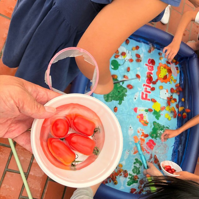 夏期学校でプチトマトすくいをしました！スーパーボールではなくプチトマトというのが但馬流！(^▽^)/