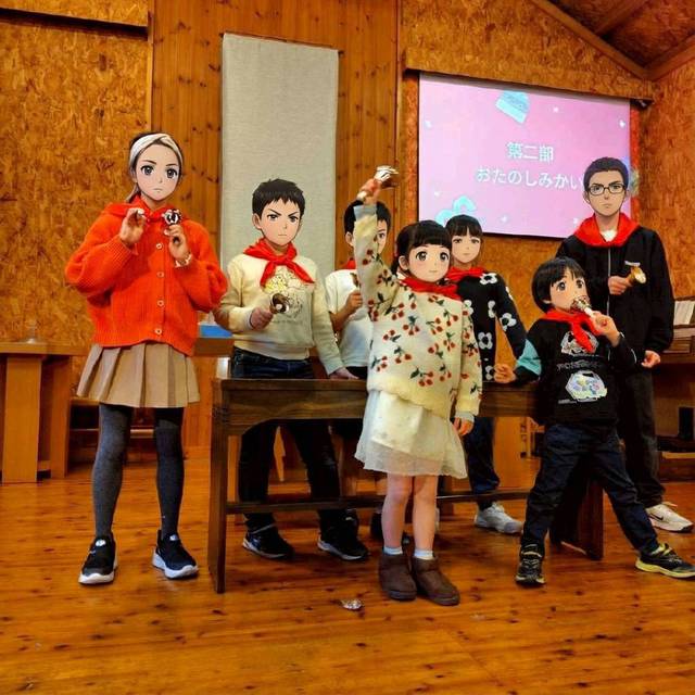 2025年こどもクリスマス会　ハンドベルの演奏。中学生Tちゃんの熱烈な指揮の元、素敵な音色を奏でていました。（イラスト加工by Mr.qzr）