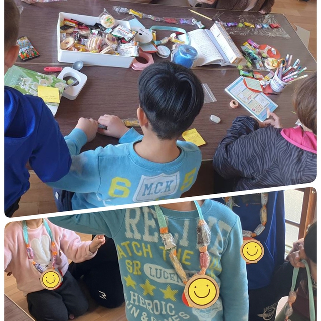 日曜学校の礼拝後、みんなで作ったお菓子のペンダント♪